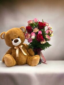 GORGEOUS TEDDY AND VASE FILLED WITH DELUXE FLOWERS
